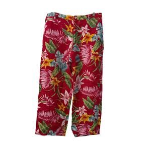 Chicos Design Pants Size 2 Large 12 Linen Blend Crop Red Floral Vintage 90s